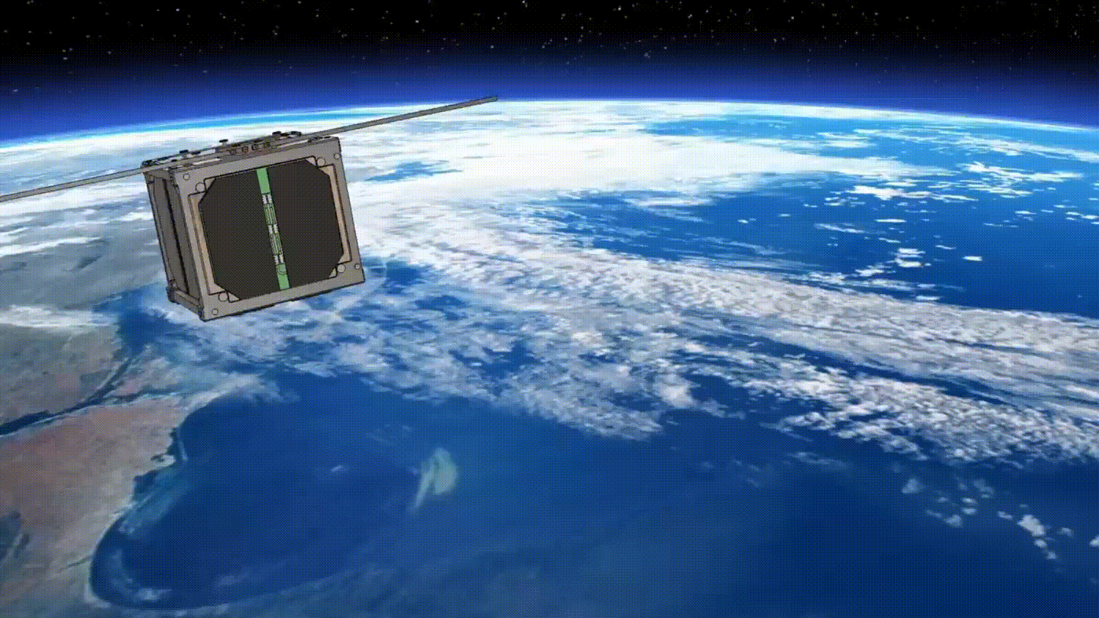Анимация спутника LignoSat в рамках проекта J-Cube на орбите Земли