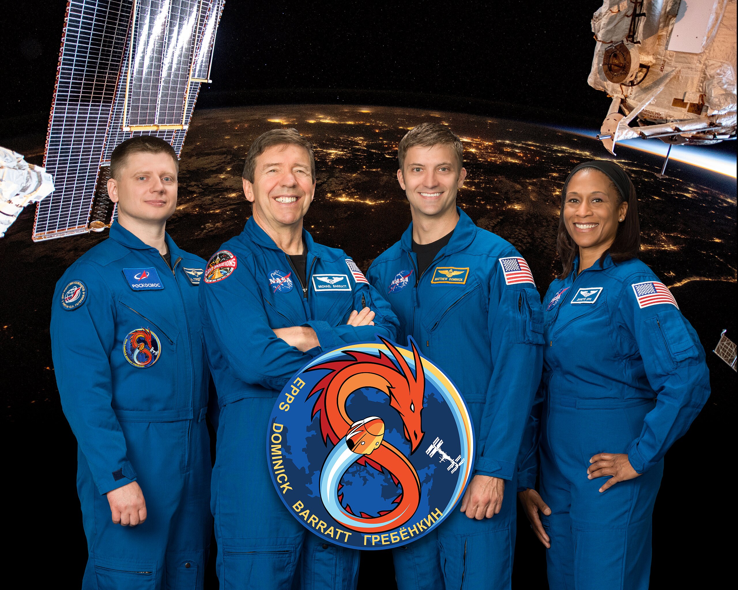 PHOTO DATE: 08-03-23 LOCATION: Bldg. 8, Room 183 - Photo Studio SUBJECT: SpaceX Crew-8 Official Crew Portrait with Matthew Dominick, Michael Barratt, Jeanette Epps, (ROS) Aleksandr Grebenkin PHOTOGRAPHER: BILL STAFFORD
