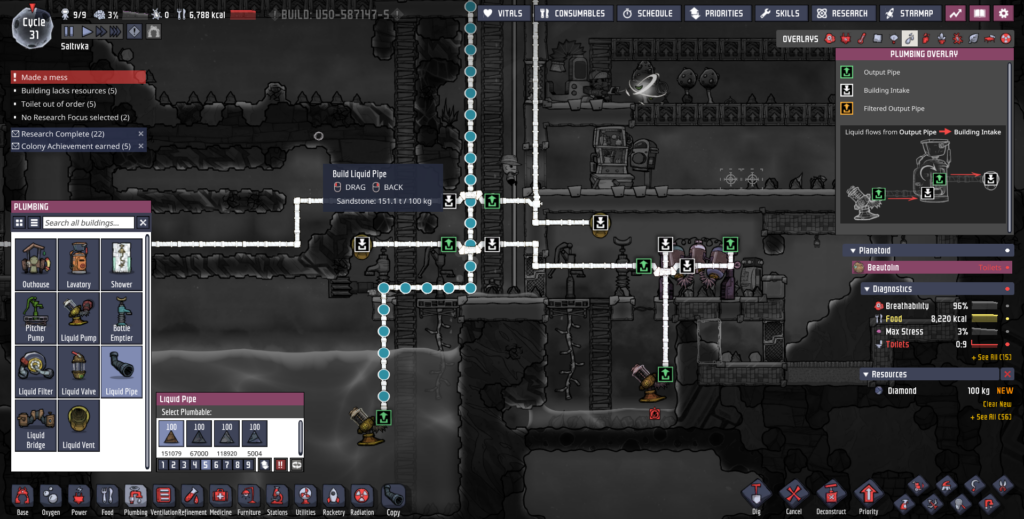 Водопровод и канализация в Oxygen not included