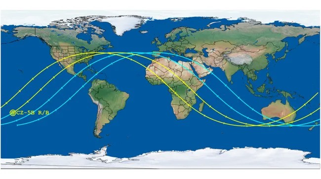 Траєкторія падіння першого ступеня «Чанчжен-5» у 2022 році Траєкторія падіння першого ступеня «Чанчжен-5» у 2022 році