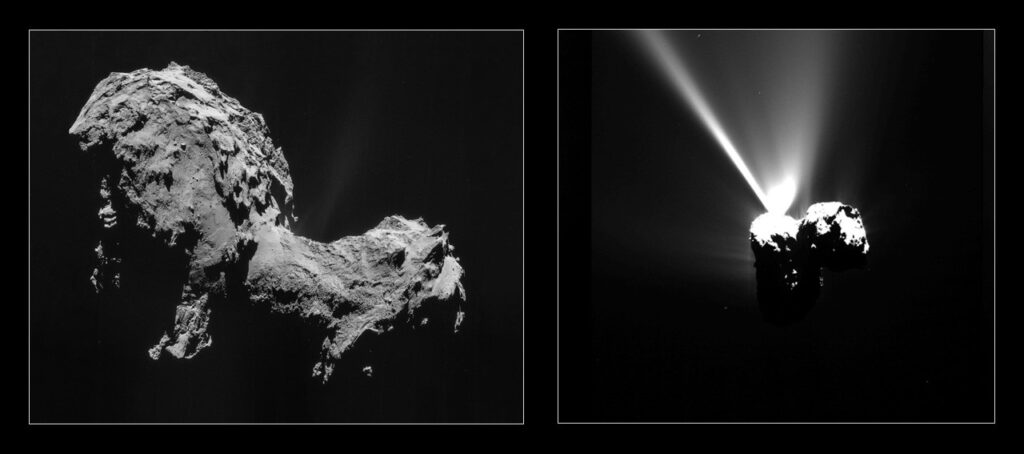 The nucleus of comet 67P/Churyumov-Gerasimenko, photographed by the Rosetta spacecraft on September 19, 2014, while it was still quite far from the Sun, and then again on August 12, 2015, during its perihelion approach. Source: ESA