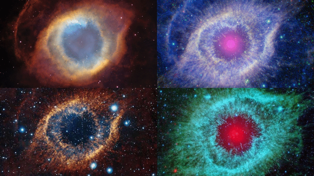 NGC 7293 Туманність Равлик у видимому, УФ-світлі, ІЧ та рентгенівському світлі NGC 7293 Туманність Равлик у видимому, УФ-світлі, ІЧ та рентгенівському світлі