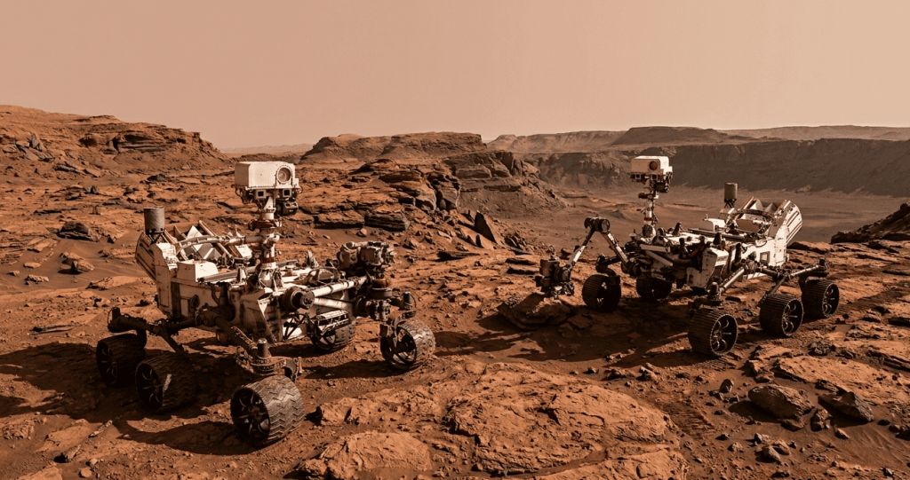 Ілюстративне зображення NASA, на якому показано марсоходи Curiosity та Perseverance разом на поверхні Марса.