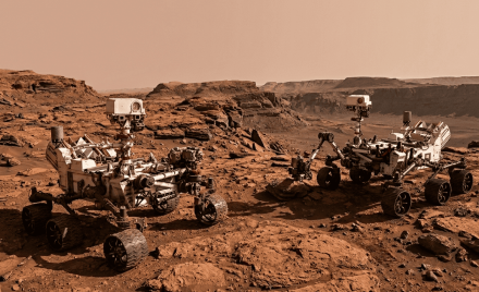 Ілюстративне зображення NASA, на якому показано марсоходи Curiosity та Perseverance разом на поверхні Марса.