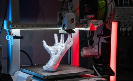 Промисловий 3D-принтер під час друку деталі складної геометричної форми.