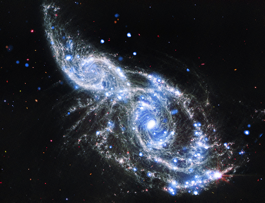 Злиття спіральних галактик NGC 2207 та IC 2163 у рожевих рентгенівських та біло-червоних інфрачервоних кольорах.