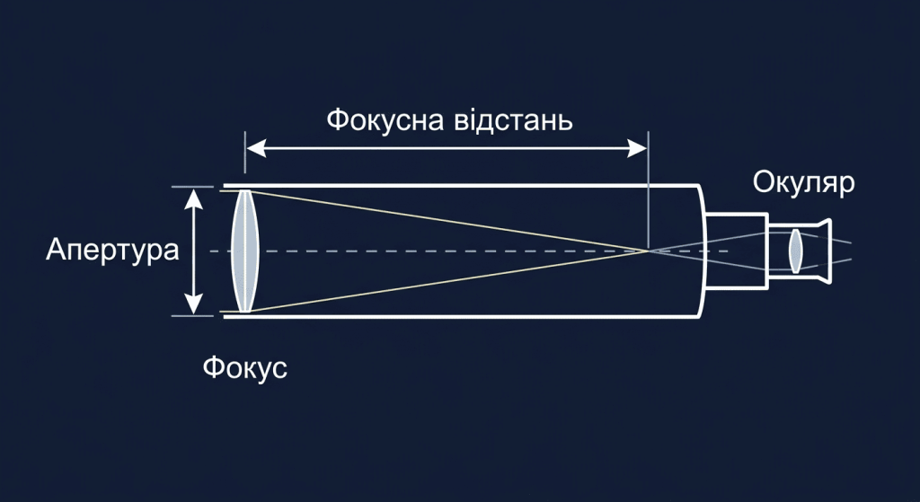Схема телескопа з позначеними апертурою і фокусною відстанню