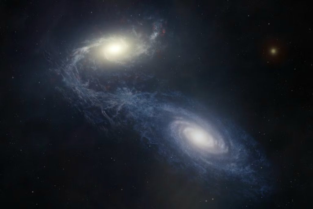 Художнє зображення спіральної галактики NGC 1365, що зіштовхується з меншою галактикою