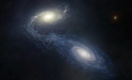Художнє зображення спіральної галактики NGC 1365, що зіштовхується з меншою галактикою