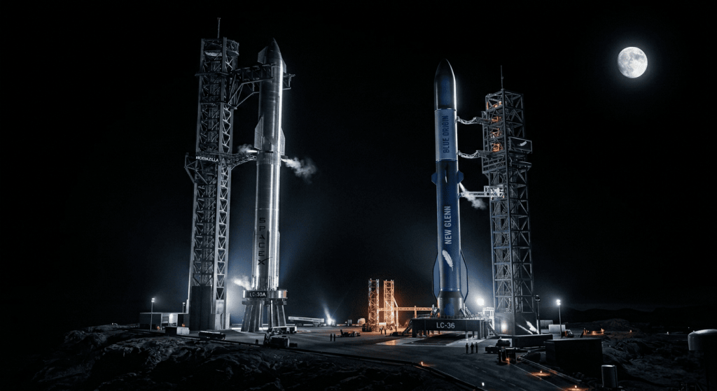 Ракети SpaceX і Blue Origin на стартових майданчиках вночі на фоні Місяця