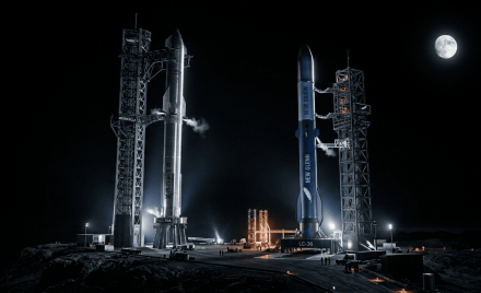 Ракети SpaceX і Blue Origin на стартових майданчиках вночі на фоні Місяця