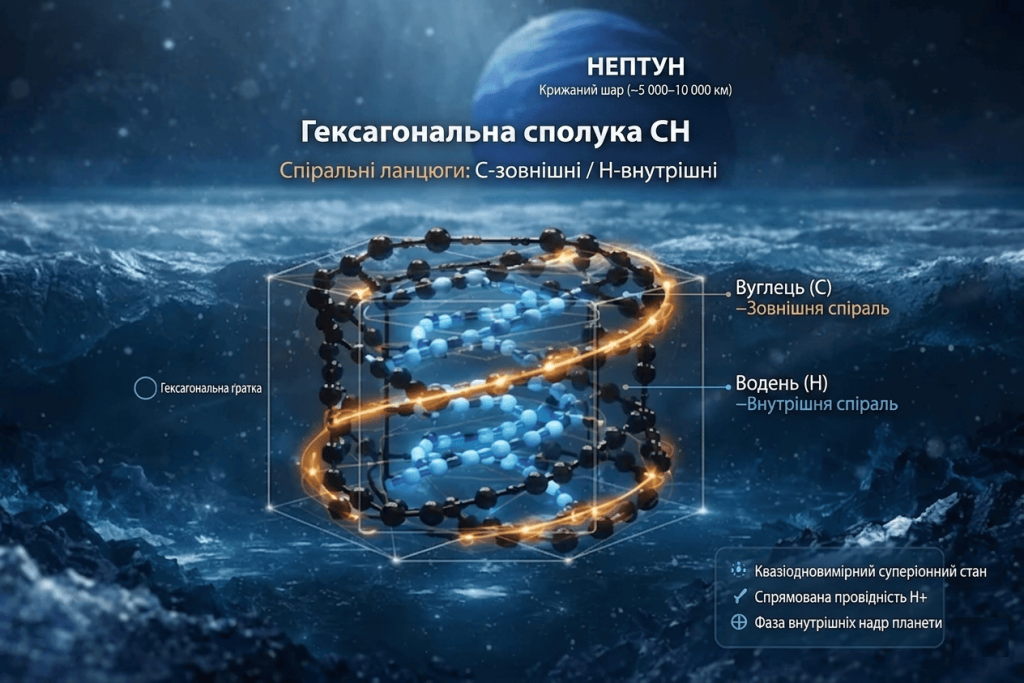 Деталізована інфографіка, що показує модель гексагональної сполуки CH (вуглець-водень) на тлі поверхні та планети Нептун. Схема містить підписи українською мовою, які пояснюють будову молекули, що складається із зовнішніх спіралей вуглецю та внутрішніх спіралей водню в суперіонному стані.
