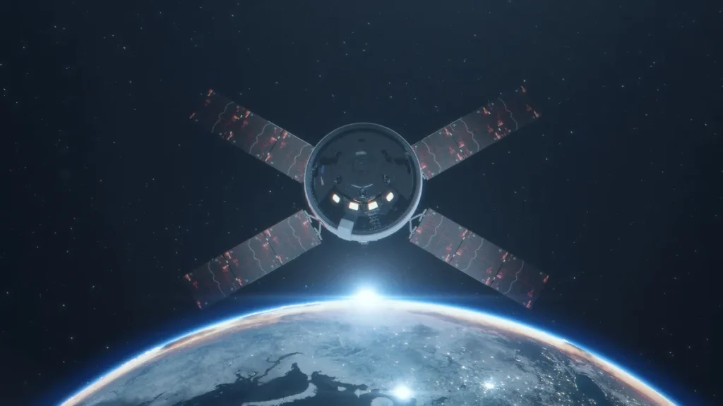 Ілюстрація космічного корабля Orion на орбіті Землі з сонцем на тлі