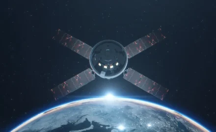 Ілюстрація космічного корабля Orion на орбіті Землі з сонцем на тлі