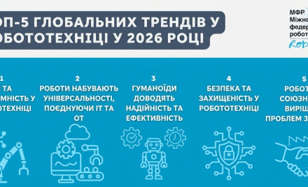 Інфографіка «Топ-5 глобальних трендів у робототехніці у 2026 році» від Міжнародної федерації робототехніки