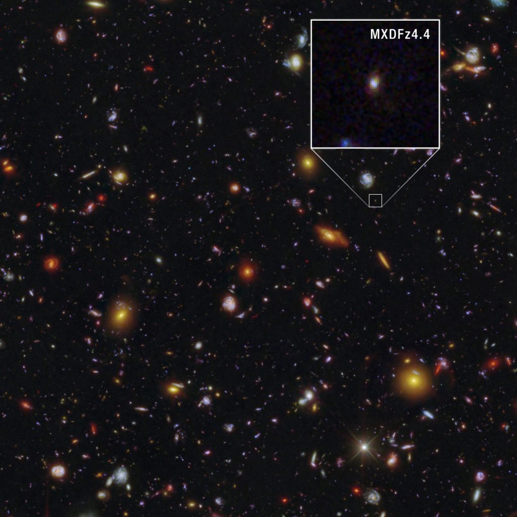 Галактика MXDFz4.4 у полі зору Hubble Space Telescope на тлі тисяч інших галактик