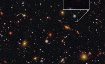 Галактика MXDFz4.4 у полі зору Hubble Space Telescope на тлі тисяч інших галактик
