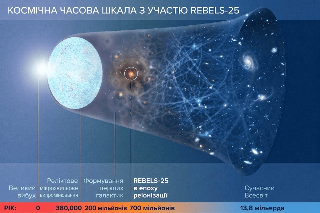 Ілюстрація еволюції Всесвіту від Великого вибуху до наших днів з виділенням галактики REBELS-25