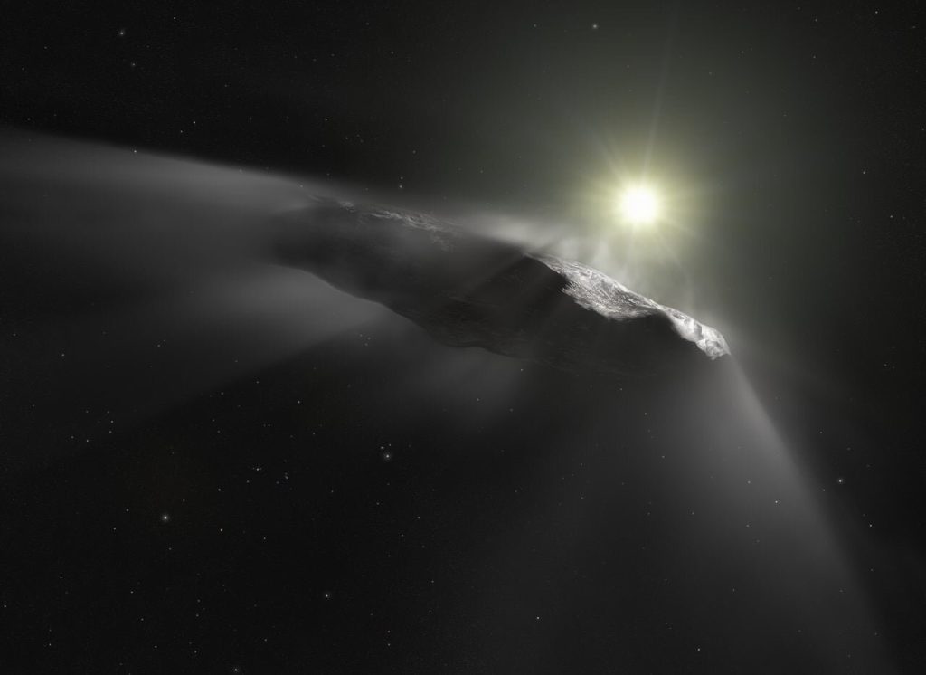 Художнє зображення міжзоряного об'єкта 1I/'Oumuamua у космічному просторі