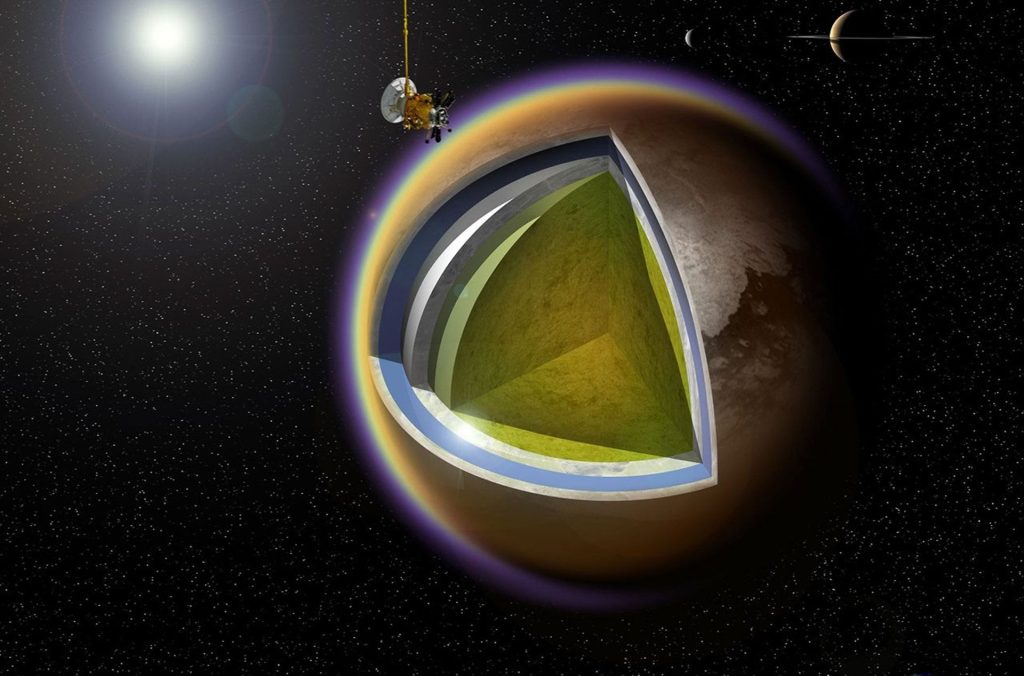 Художня ілюстрація внутрішньої будови Титана з апаратом Cassini на орбіті та Сатурном на тлі