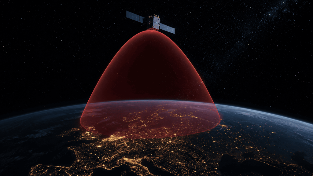 Супутник на високій орбіті над нічною Європою з зоною радіоперешкод