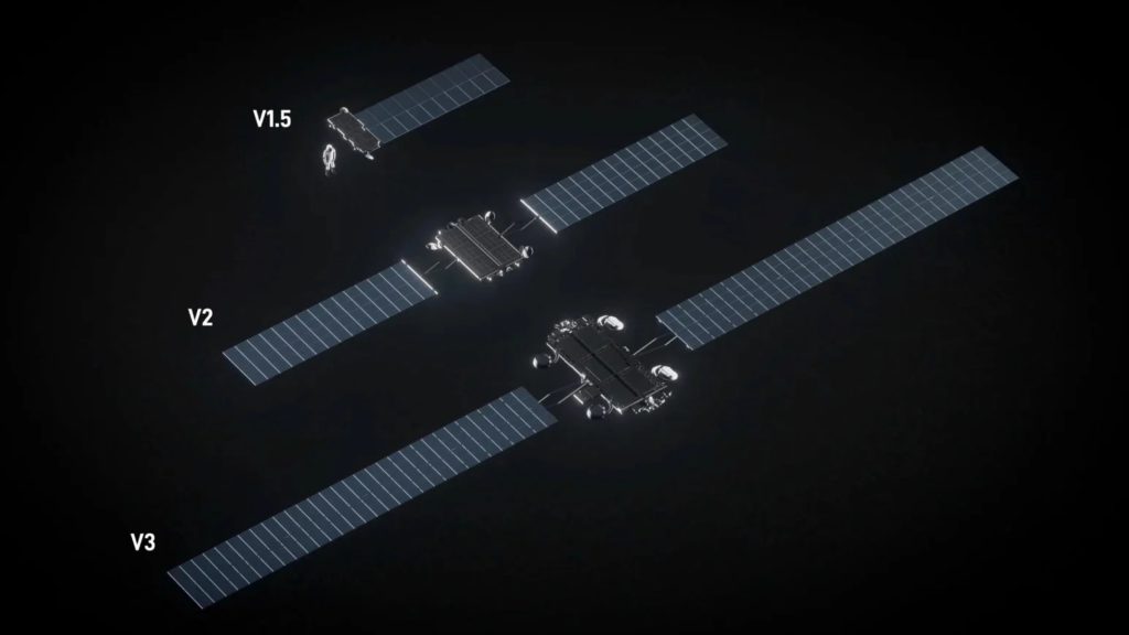 ри покоління супутників Starlink V1.5, V2 і V3 у порівняльному масштабі