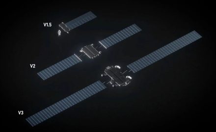 ри покоління супутників Starlink V1.5, V2 і V3 у порівняльному масштабі