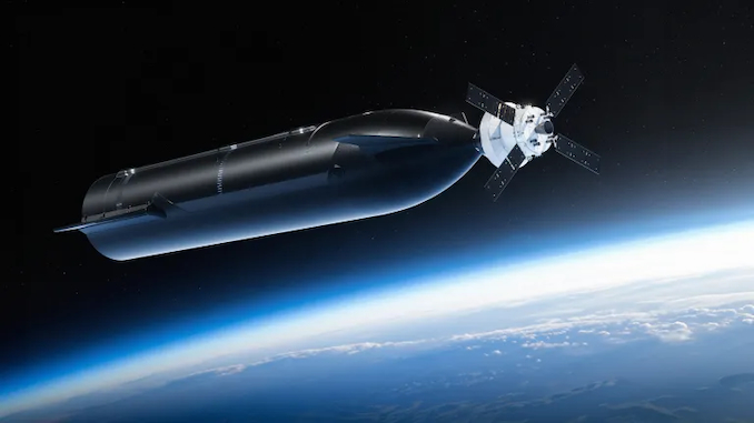 Художня концепція стикування Orion і Starship V3 на низькій навколоземній орбіті в межах місії Artemis 3.