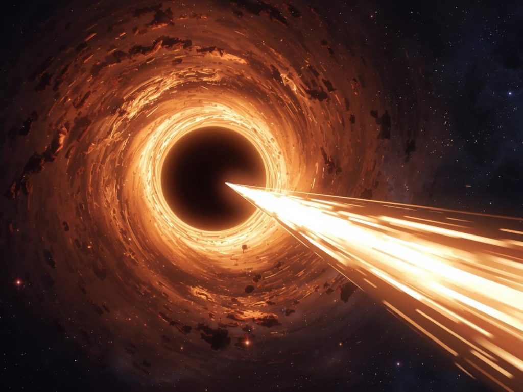 Ілюстрація чорної діри в центрі галактики SDSS J110546.07+145202.4 з яскравим акреційним диском і джетом.