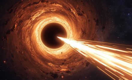 Ілюстрація чорної діри в центрі галактики SDSS J110546.07+145202.4 з яскравим акреційним диском і джетом.