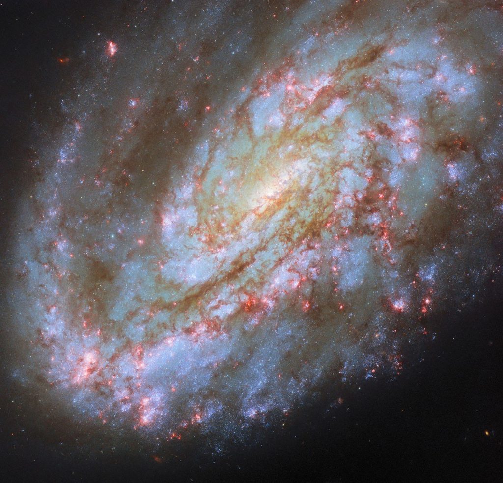 Асиметрична спіральна галактика NGC 4654 з яскравим переднім рукавом і майже порожнім протилежним боком диска на тлі темного космічного простору.