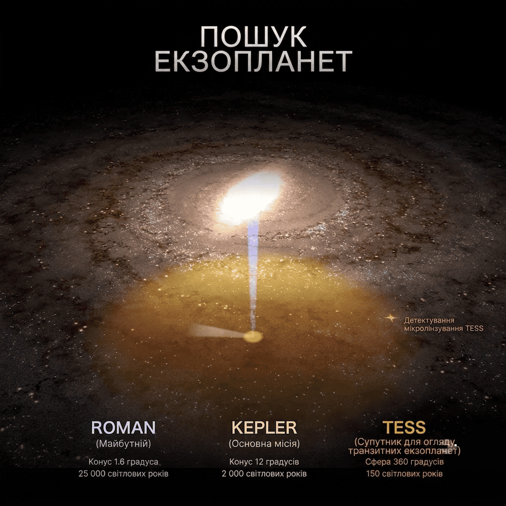 Діаграма зон пошуку екзопланет трьох космічних місій &mdash; Nancy Grace Roman, Kepler і TESS
