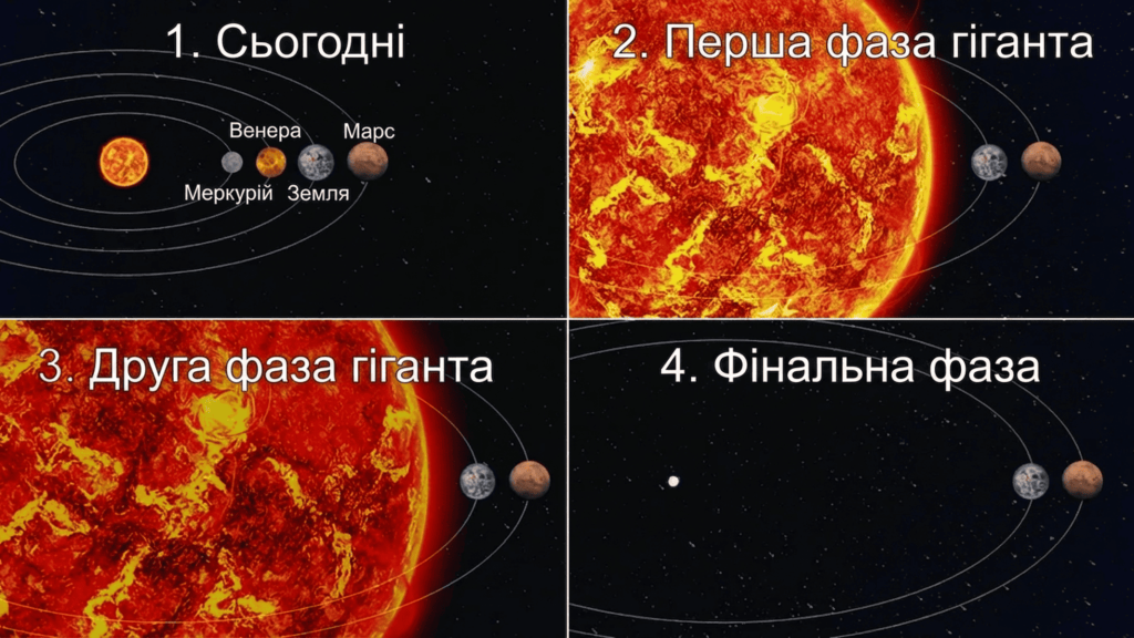 Схема еволюції Сонця від поточного стану через дві фази гіганта до білого карлика з орбітами планет.