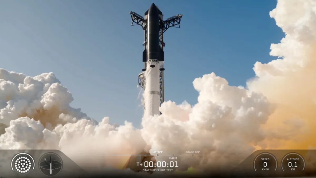 Ракета Starship під час 13-го випробувального польоту стартує з майданчика Starbase в Техасі.