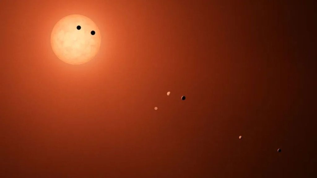 Художнє зображення червоного карлика TRAPPIST-1 і семи планет його компактної системи